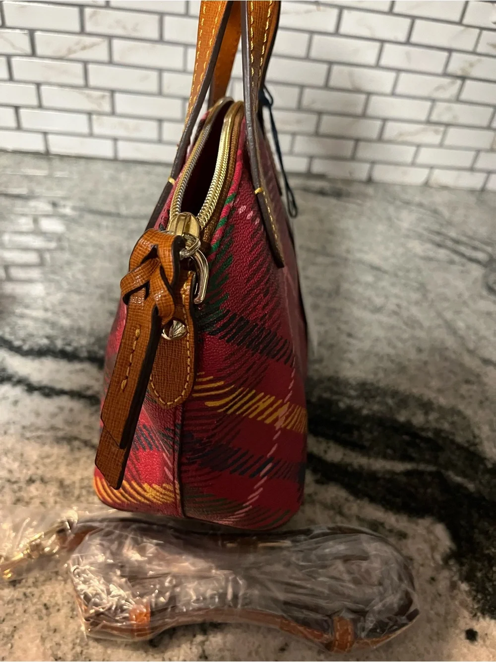 Dooney & Bourke Red Plaid Satchel with Tan Trim